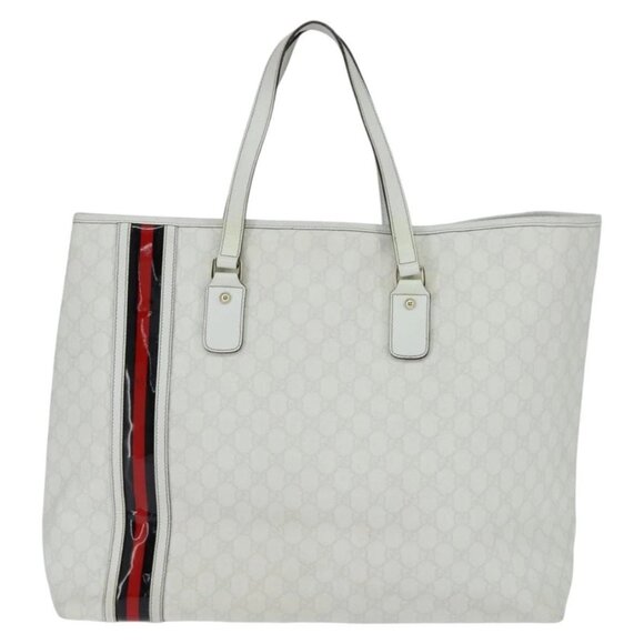 GUCCI GG Supreme Sherry Line Tote Bag PVC Leather Red White Navy Auth bs30498 - Picture 4 of 15